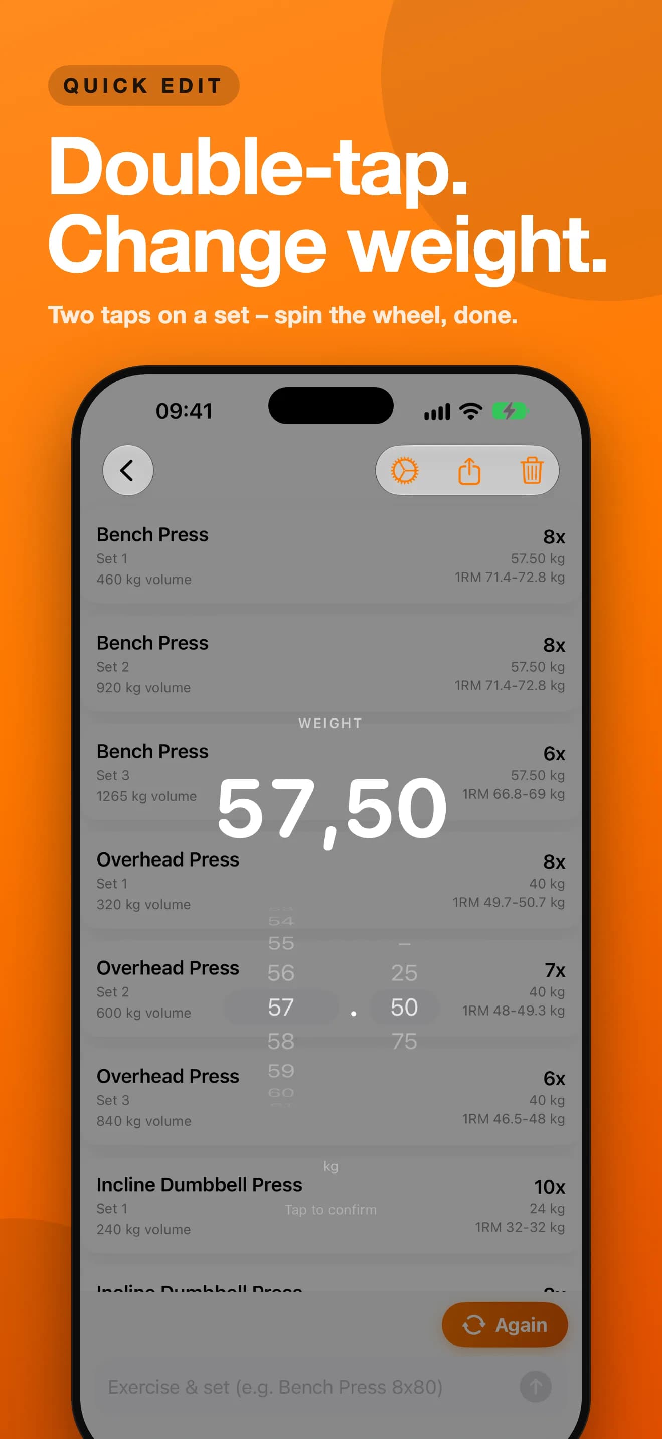 SetRepGo — Double-tap. Change weight. (Vorschau-Screenshot)