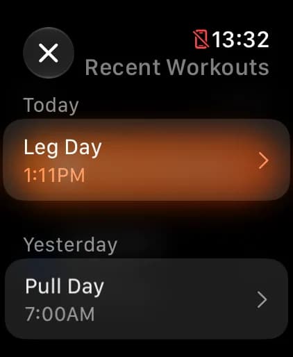SetRepGo Apple Watch — Recent sessions